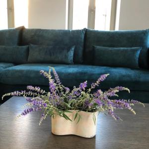 un vase de fleurs violettes sur une table devant un canapé dans l'établissement Skoutari Bay View Mani Peninsula, à Skoutari