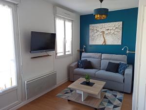 a living room with a couch and a tv at Studio cosy, Meaux centre, Disney-Paris, proche gare et activités in Meaux
