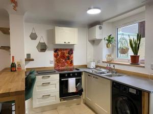 a kitchen with a stove and a sink and a dishwasher at Neptune's Nook, Cromer in Cromer