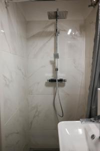 La salle de bains est pourvue d'une douche et d'un lavabo. dans l'établissement Petőfi Apartman Pécs, à Pécs