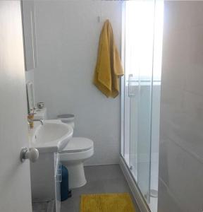 a bathroom with a toilet and a sink and a shower at Cosy studio flat, great location! in London +2 photos