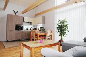a living room with a table and a kitchen at Veski Villa in Pärnu
