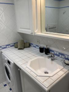 a bathroom with a sink and a washing machine at Port Marine - T3 calme, avec terrasse, piscine, près de la plage in Sainte-Maxime