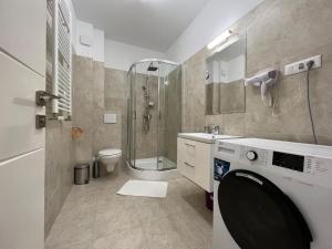 a bathroom with a shower and a sink and a toilet at Perfect Host Palas Centru in Iaşi