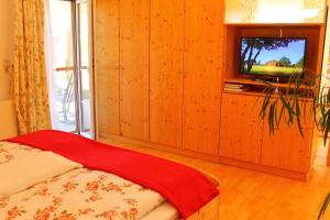 a living room with a bed and a television at Landhaus Bender Ferienwohnung mit Terrasse und Garten in Straden