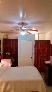 - une chambre avec un lit et un ventilateur de plafond dans l'établissement The Savannah is at your doorstep!, à Port-d'Espagne
