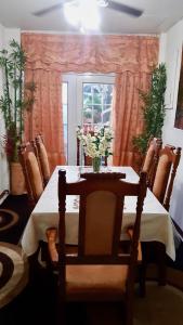 a dining room table with a vase of flowers on it at The Savannah is at your doorstep! in Port-of-Spain
