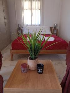1 dormitorio con cama y mesa con maceta en Chania Mini Villas, en Skinés