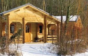 a log cabin with a yellow door in the snow at Camping 't Ol Gat in Zoutkamp