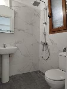 een badkamer met een toilet, een wastafel en een douche bij "Patra's" Apartments Patra in Poseidónion