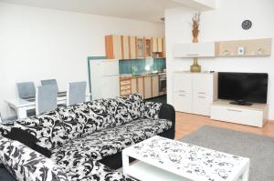 a living room with a black and white couch and a tv at Apartment with parking in the free garage in Sarajevo