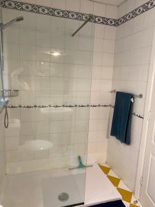 ein Bad mit einer Dusche und einer Glastür in der Unterkunft Home Sweet Home in St Julian's