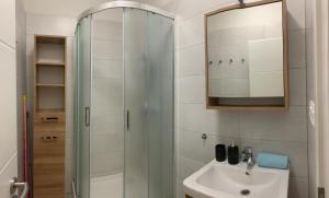 a bathroom with a shower and a sink and a mirror at Apartmán Jeleň Chopok Juh-Trangoška in Tale +19 photos