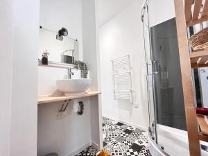 uma casa de banho com um lavatório e um chuveiro em Le Vichatel - Charmant T3 en centre ville proche de place Gaillard em Clermont-Ferrand