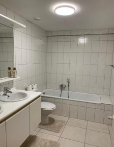 La salle de bains est pourvue d'une baignoire, de toilettes et d'un lavabo. dans l'établissement Appartement GT, à Blankenberge