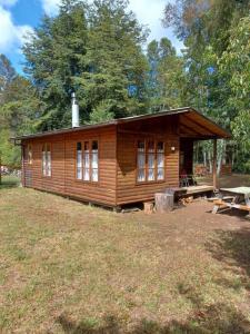 Cabaña de madera pequeña con mesa de picnic en un campo en Cabaña del Volcán, en Licán Ray