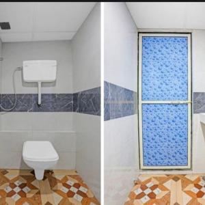 two pictures of a bathroom with a toilet and a window at Hotel Welcome Inn,Mumbai in Mumbai