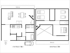 uma planta de uma pequena casa com diagramas em Permai Japon em Nikko
