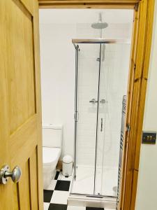 a bathroom with a shower and a toilet at Horsforth Lodge in Horsforth