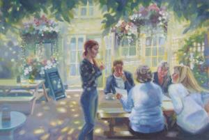 a painting of a woman talking to a group of people at The Castle Inn in Bungay