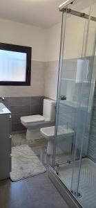 La salle de bains est pourvue de toilettes, d'un lavabo et d'une douche. dans l'établissement Montalbano Sweet Home, tra l' Etna e il mare, à Fleri