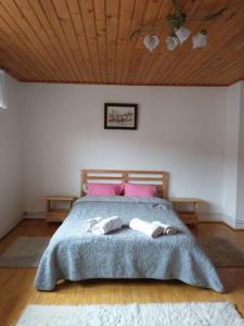 Un pat sau paturi într-o cameră la Casa Livia în inima Bucovinei