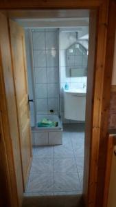 baño con ducha, lavabo y puerta en Haan-Ferienwohnung, en Haan