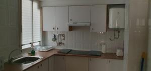 una cocina con armarios blancos y fregadero en Apartamento Ciudad de las Ciencias, en Valencia