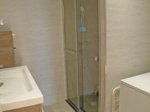 prysznic ze szklanymi drzwiami obok umywalki w obiekcie T2 cosy, proche centre Samoëns, animaux admis, parking - FR-1-629-67 w mieście Samoëns