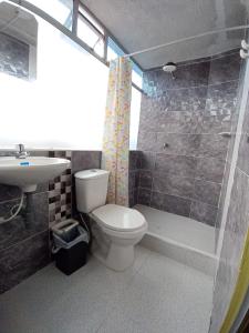 a bathroom with a toilet and a sink and a shower at HOTEL DINO in Pasto