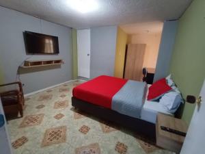 um quarto com uma cama com um cobertor vermelho e uma televisão em HOTEL DINO em Pasto
