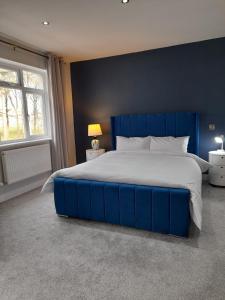 Dormitorio azul con cama grande y pared azul en Coastal Millennium Apartment, en Llanelli