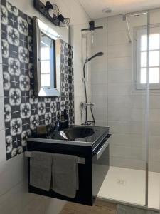 ein Bad mit einem Waschbecken und einer Dusche in der Unterkunft Le Ch’ti Breizh home in Cléguer