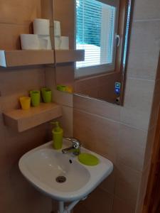 a bathroom with a sink and green cups on a shelf at Jacowa Chata in Istebna