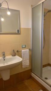 a bathroom with a sink and a shower with a mirror at Agriturismo I Mischi in Castelnuovo del Garda