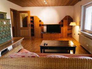 ein Wohnzimmer mit einem Sofa und einem Flachbild-TV in der Unterkunft Apartmenthaus Schöne Aussicht in Bräunlingen