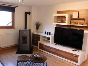 ein Wohnzimmer mit einem Flachbild-TV und einem Kamin in der Unterkunft Ferienwohnung Kohlstatt in Kiefersfelden