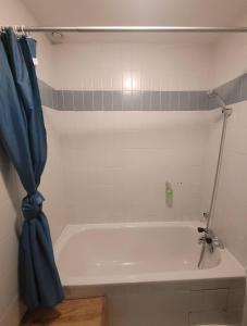 a bathroom with a tub with a blue shower curtain at Hostellerie de Rimplas in Rimplas