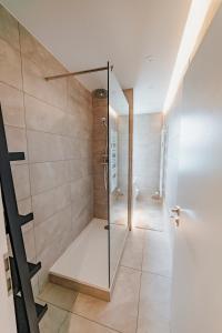 a bathroom with a shower with a glass door at Moderne ruhige 2-Zimmer Wohnung in Coswig in Coswig +5 photos