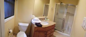 a bathroom with a toilet sink and a shower at Pine Haven Lake front home /w Dock in Murrayville +10 photos