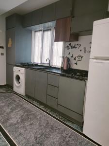 eine Küche mit einer Waschmaschine und einer Waschmaschine in der Unterkunft Tekin Suit in Bandırma