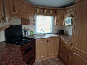 cocina con armarios de madera, fregadero y fogones en Castlewigg holiday park Whithorn 2 bed caravan en Newton Stewart