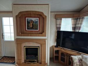 sala de estar con chimenea y TV de pantalla plana en Castlewigg holiday park Whithorn 2 bed caravan, en Newton Stewart