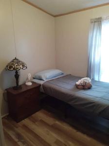 een slaapkamer met een bed, een lamp en een raam bij Sharon's Run Cozy 3 bedroom/2 bath 