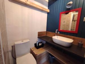 a bathroom with a sink and a toilet and a mirror at Chez Pierrot Chambres d'hôtes B&B in Vallouise