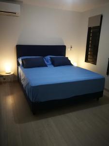 Una cama con almohadas azules en un dormitorio en Charmant F2 à SkyNui, piscine de 25m et vue mer en Papeete