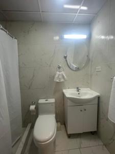 (21) Depto. nuevo y acogedor en Miraflores في ليما: حمام مع مرحاض ومغسلة ومرآة