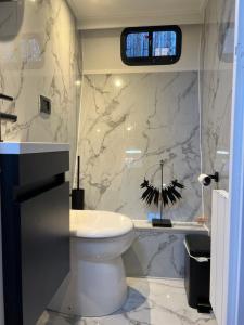 ein Badezimmer mit einem weißen WC und einer Marmorwand in der Unterkunft NEW - LITTLE IBIZA, on a lake near Amsterdam, with HOT TUB! in Vinkeveen