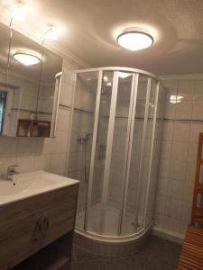 y baño con ducha y lavamanos. en Ferienhaus in Unken mit Großer Terrasse en Unken