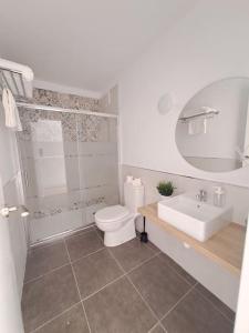 Un baño con inodoro, lavabo y espejo. en Playa San Marcos Apt.Mirador del Roque, en Icod de los Vinos